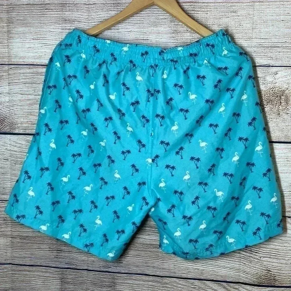 Broke Threads | Men’s Blue Palm Tree Flamingo Swim Shorts Size Medium